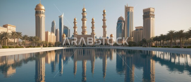 منظر تخيلي مستقبلي للتقدم و النمو العمراني، المباني والمنشآت التجارية الشاهقة في المملكة العربية السعودية، رؤية سعودية مستقبلية 2030، الفن الهندسي المعماري للأبراج وناطحات السحاب، بناء مدن ذكية ومستقبل حضاري ومتطور