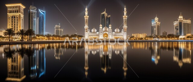 بناء مدن ذكية ومستقبل حضاري ومتطور، منظر تخيلي مستقبلي للتقدم و النمو العمراني، المباني والمنشآت التجارية الشاهقة في المملكة العربية السعودية، رؤية سعودية مستقبلية 2030، الفن الهندسي المعماري للأبراج وناطحات السحاب