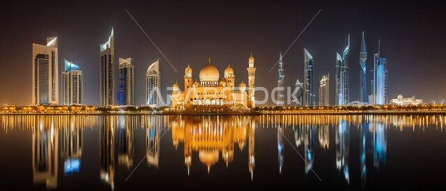 بناء مدن ذكية ومستقبل حضاري ومتطور، منظر تخيلي مستقبلي للتقدم و النمو العمراني، المباني والمنشآت التجارية الشاهقة في المملكة العربية السعودية، رؤية سعودية مستقبلية 2030، الفن الهندسي المعماري للأبراج وناطحات السحاب