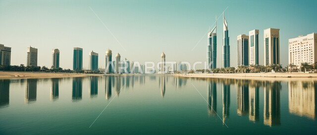 بناء مدن ذكية ومستقبل حضاري ومتطور، منظر تخيلي مستقبلي للتقدم و النمو العمراني، المباني والمنشآت التجارية الشاهقة في المملكة العربية السعودية، رؤية سعودية مستقبلية 2030، الفن الهندسي المعماري للأبراج وناطحات السحاب