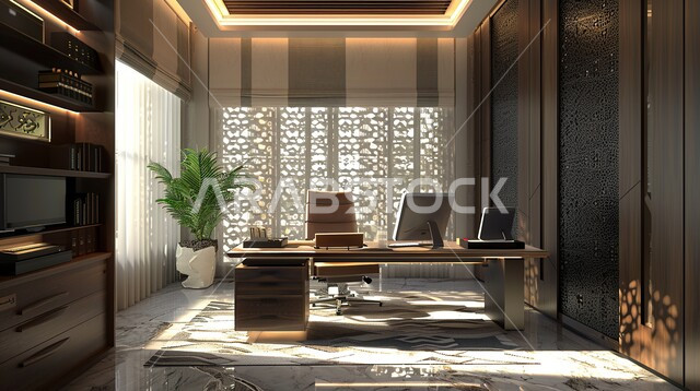 Modern contemporary design for Saudi corporate offices, upscale interior designs and decorations with luxurious and comfortable furniture for office rooms, advanced architectural engineering art, office with a large facade