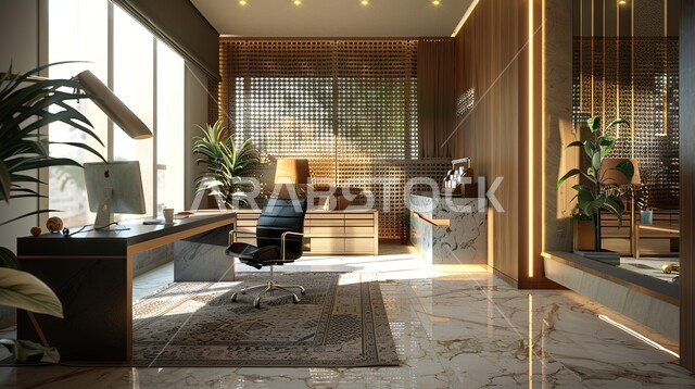 Modern contemporary design for Saudi corporate offices, upscale interior designs and decorations with luxurious and comfortable furniture for office rooms, advanced architectural engineering art, office with a large facade