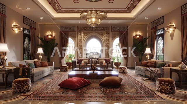 النوافذ الزجاجية المطلة على الطبيعة, التصاميم الداخلية لغرف الجلوس المريحة على الطراز الحديث بألوان راقية، غرفة استقبال مع أثاث منزلي فاخر ،الديكورات الداخلية للفلل والشقق السكنية في المملكة العربية السعودية ،اكسسوارات وتحف عصرية