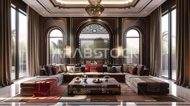 التصاميم الداخلية لغرف الجلوس المريحة على الطراز الحديث بألوان راقية ،غرفة مع أثاث منزلي فاخر ،الديكورات الداخلية للفلل والشقق السكنية في المملكة العربية السعودية ،اكسسوارات وتحف عصرية، النوافد والواجهات الزجاجية