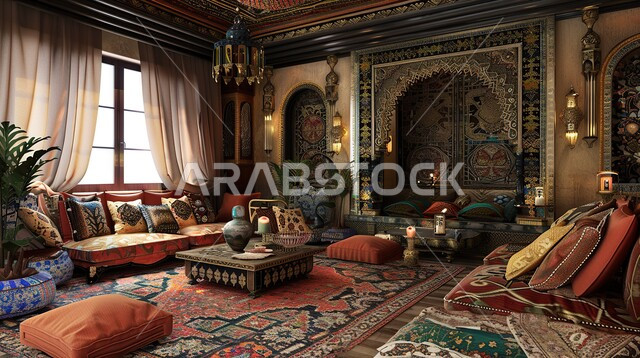 الديكور الداخلي للمنازل والشقق السكنية, أجواء عربية تقليدية، مزيج متناغم من التراث الثقافي والأسلوب التقليدي، الديكورات والتصاميم لغرفة المعيشة على النمط العربي القديم، الأثاث المنزلي الراقي والمريح، الفن الهندسي للزخارف والنقوش