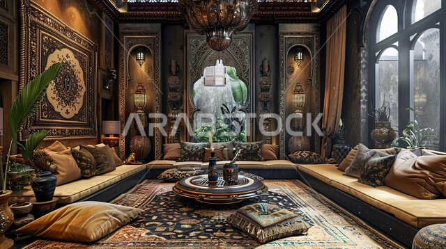 التصاميم الداخلية لغرف الجلوس الفاخرة بألوان متميزة, الواجهات الزجاجية الضخمة, غرفة عربية مع أثاث منزلي فاخر ووسائد ملونة، الديكورات الداخلية الراقية للفلل والشقق السكنية في المملكة العربية السعودية، اكسسوارات وتحف عصرية