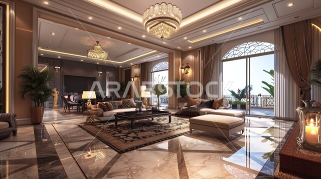 النوافذ الزجاجية المطلة على الطبيعة, التصاميم الداخلية لغرف الجلوس المريحة على الطراز الحديث بألوان راقية، غرفة استقبال مع أثاث منزلي فاخر ،الديكورات الداخلية للفلل والشقق السكنية في المملكة العربية السعودية ،اكسسوارات وتحف عصرية