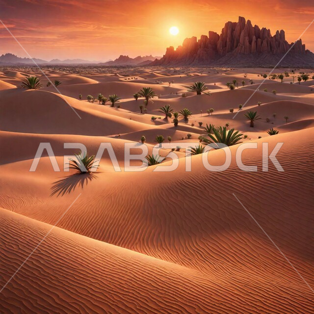 الاستمتاع بالمناظر الطبيعية أثناء غروب الشمس، الهضاب والتلال الرملية في المناطق الطبيعية الصحراوية، الرمال الذهبية الناعمة والكثبان في صحراء المملكة العربية السعودية، نمو النباتات البرية والشوكية في الصحاري، خلفية الطبيعه