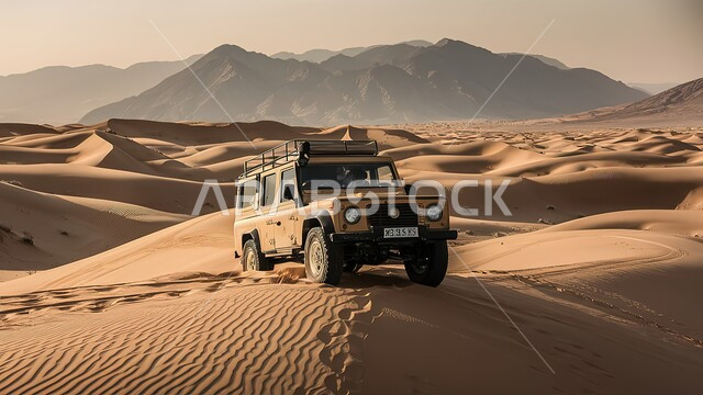 الاستمتاع بالفعاليات و الأنشطة الصحراوية الممتعة, المغامرات الشيقة على الرمال الذهبية الناعمة في صحاري المملكة العربية السعودية، سيارة الدفع الرباعي تسير وسط صحراء, ممارسة الهوايات الشبابية المفضلة, رحلات سفاري على الكثبان الرملية