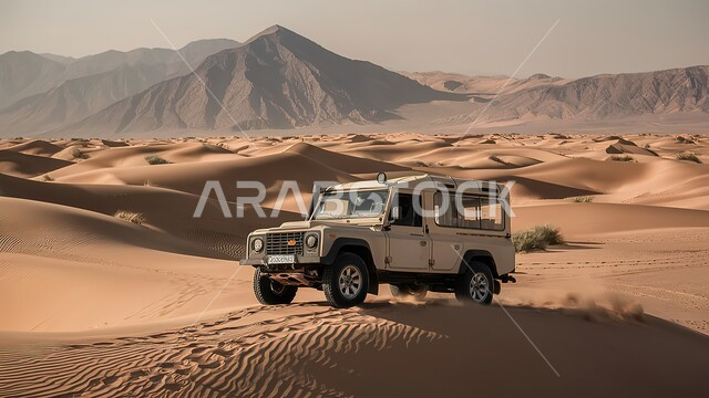 رحلات سفاري على الكثبان الرملية, الاستمتاع بالفعاليات و الأنشطة الصحراوية الممتعة, المغامرات الشيقة على الرمال الذهبية الناعمة في صحاري المملكة العربية السعودية، سيارة الدفع الرباعي تسير وسط صحراء, ممارسة الهوايات الشبابية المفضلة