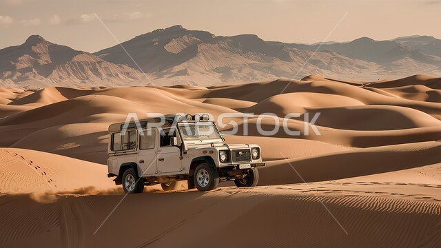 الاستمتاع بالفعاليات و الأنشطة الصحراوية الممتعة, المغامرات الشيقة على الرمال الذهبية الناعمة في صحاري المملكة العربية السعودية، سيارة الدفع الرباعي تسير وسط صحراء, ممارسة الهوايات الشبابية المفضلة, رحلات سفاري على الكثبان الرملية