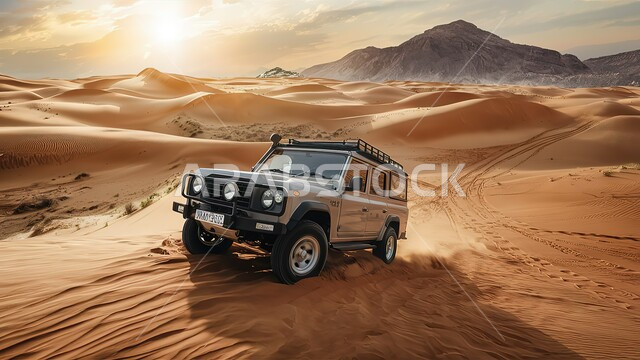 رحلات سفاري على الكثبان الرملية, الاستمتاع بالفعاليات و الأنشطة الصحراوية الممتعة, المغامرات الشيقة على الرمال الذهبية الناعمة في صحاري المملكة العربية السعودية، سيارة الدفع الرباعي تسير وسط صحراء, ممارسة الهوايات الشبابية المفضلة