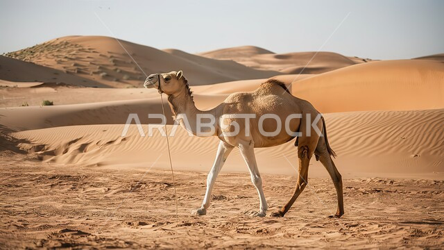 مفهوم الاهتمام بالثدييات, محميات طبيعية برية لرعاية الإبل، صورة مقربة لحيوان الجمل يسير على الرمال الذهبية الناعمة في المناطق الصحراوية، تشكيلات وتكوينات وتلال رملية, وسائل النقل والسفر القديمة