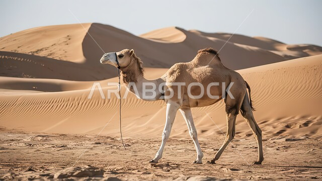 مفهوم الاهتمام بالثدييات, محميات طبيعية برية لرعاية الإبل، صورة مقربة لحيوان الجمل يسير على الرمال الذهبية الناعمة في المناطق الصحراوية، تشكيلات وتكوينات وتلال رملية, وسائل النقل والسفر القديمة