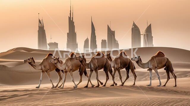 وسائل النقل والسفر القديمة, توارث الأحفاد تربية النوق من الأجداد, محميات طبيعية لرعاية الإبل في امارة دبي، مجموعة من الجمال تسير وسط الصحراء، الرمال الذهبية الناعمة في المناطق الصحراوية، مفهوم الحضارة والعراقة والتراث في الامارات, خلفية الأبراج وناطحات السحاب