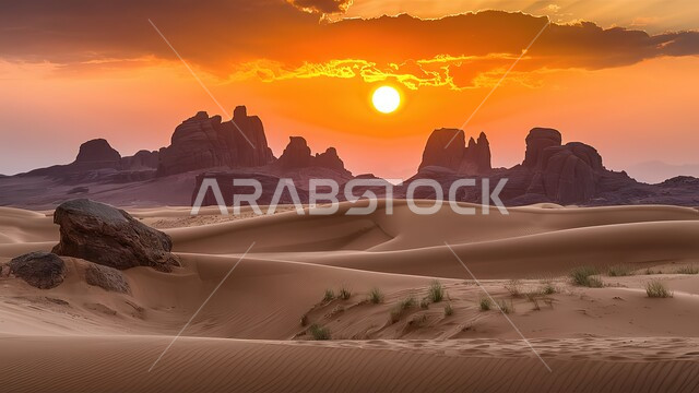 التكوينات والتشكلات الرملية والصخرية في صحراء المملكة العربية السعودية، مناطق البادية والبيئة الصحراوية، الكثبان والتلال من الرمال الناعمة الذهبية، التضاريس و المرتفعات والقمم في البراري،  خلفية السماء اثناء الغروب