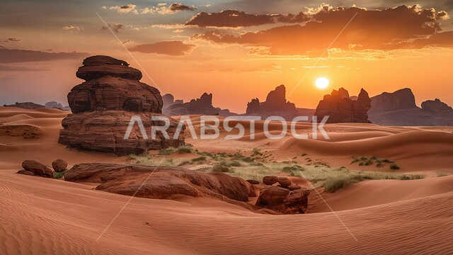 الكثبان والتلال من الرمال الناعمة الذهبية، التضاريس و المرتفعات والقمم في البراري، التكوينات والتشكلات الرملية والصخرية في صحراء المملكة العربية السعودية، مناطق البادية والبيئة الصحراوية، خلفية السماء اثناء الغروب