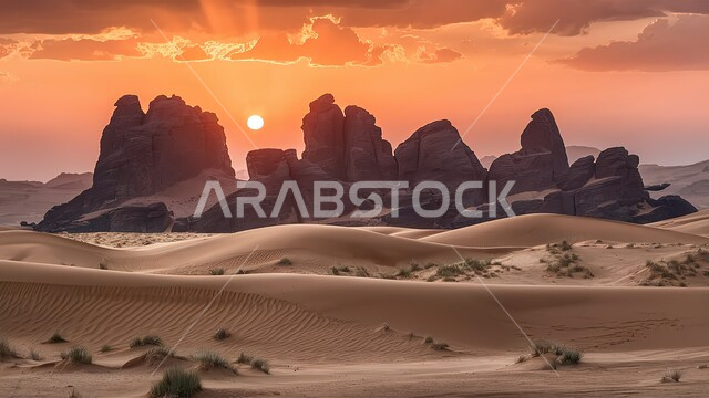 التكوينات والتشكلات الرملية والصخرية في صحراء المملكة العربية السعودية، مناطق البادية والبيئة الصحراوية، الكثبان والتلال من الرمال الناعمة الذهبية، التضاريس و المرتفعات والقمم في البراري،  خلفية السماء اثناء الغروب