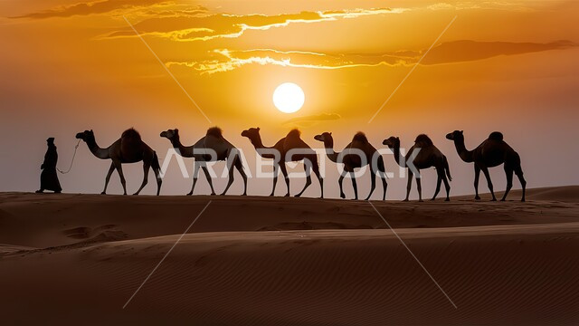 الإهتمام في تربية ورعاية الحيوانات الثدية، الرمال الذهبية الناعمة الناعمة في الأماكن الصحراوية، استخدام الإبل في التنقل في صحارى المملكة العربية السعودية، صورة ظلية لقافلة من الجمال تسير فوق الكثبان الرملية في الصحراء في وقت الغروب