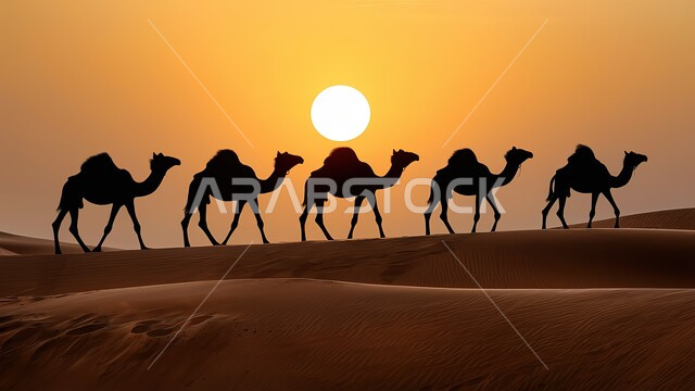Interest in raising and caring for mammals, soft golden sand in desert areas, use of camels in transportation in the deserts of the Kingdom of Saudi Arabia, silhouette of a caravan of camels walking over sand dunes in the desert at sunset