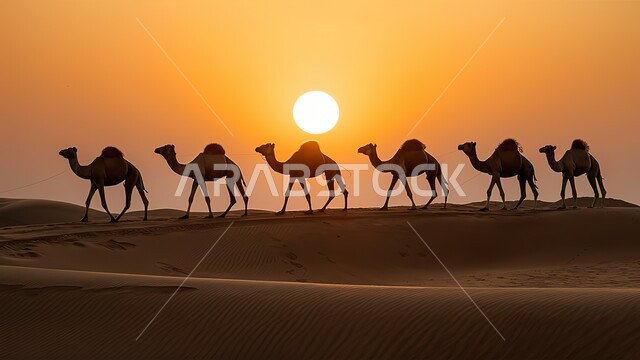 الإهتمام في تربية ورعاية الحيوانات الثدية، الرمال الذهبية الناعمة الناعمة في الأماكن الصحراوية، استخدام الإبل في التنقل في صحارى المملكة العربية السعودية، صورة ظلية لقافلة من الجمال تسير فوق الكثبان الرملية في الصحراء في وقت الغروب