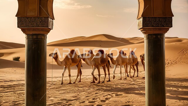 تزيين الهياكل الطويلة ذات الأعمدة بأنماط الأرابيسك المعقدة،مجموعة من الجمال تسير على الرمال الذهبية في الصحراء العربية، تربية الإبل في المحميات الطبيعية بالمناطق الصحراوية، تشكل الكثبان والتلال الرملية، نوق أصيلة تتنقل في صحاري المملكة العربية السعودية