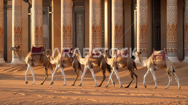 تزيين الهياكل الطويلة ذات الأعمدة بأنماط الأرابيسك المعقدة،مجموعة من الجمال تسير على الرمال الذهبية في الصحراء العربية، تربية الإبل في المحميات الطبيعية بالمناطق الصحراوية، تشكل الكثبان والتلال الرملية، نوق أصيلة تتنقل في صحاري المملكة العربية السعودية