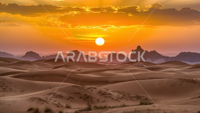 أماكن رحلات السفاري الممتعة, مناطق البادية والبيئة الصحراوية، الكثبان والتلال من الرمال الناعمة الذهبية، التضاريس و المرتفعات والقمم في البراري، التكوينات والتشكلات الرملية في صحراء المملكة العربية السعودية، خلفية السماء اثناء الغروب