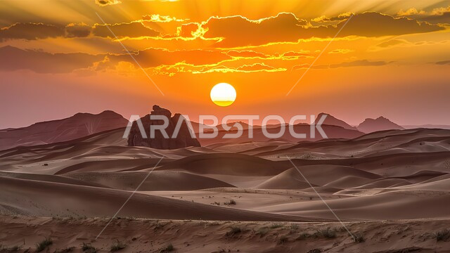 التضاريس و المرتفعات والقمم في البراري، التكوينات والتشكلات الرملية في صحراء المملكة العربية السعودية، أماكن رحلات السفاري الممتعة, مناطق البادية والبيئة الصحراوية، الكثبان والتلال من الرمال الناعمة الذهبية، خلفية السماء اثناء الغروب