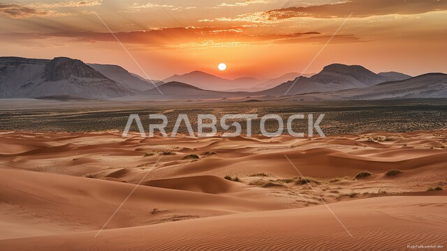 أماكن رحلات السفاري الممتعة, مناطق البادية والبيئة الصحراوية، الكثبان والتلال من الرمال الناعمة الذهبية، التضاريس و المرتفعات والقمم في البراري، التكوينات والتشكلات الرملية في صحراء المملكة العربية السعودية، خلفية السماء اثناء الغروب