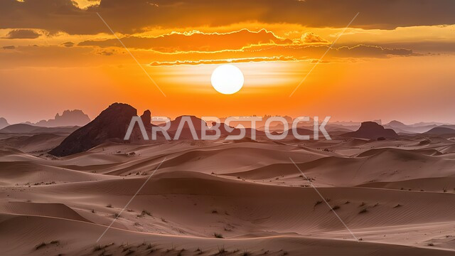التضاريس و المرتفعات والقمم في البراري، التكوينات والتشكلات الرملية في صحراء المملكة العربية السعودية، أماكن رحلات السفاري الممتعة, مناطق البادية والبيئة الصحراوية، الكثبان والتلال من الرمال الناعمة الذهبية، خلفية السماء اثناء الغروب
