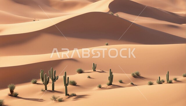 البيئة الرملية في النهار، الهضاب والتلال في المناطق الطبيعية الصحراوية، الرمال الذهبية الناعمة والكثبان في صحراء المملكة العربية السعودية، نمو النباتات البرية والشوكية في الصحاري، خلفية الطبيعه