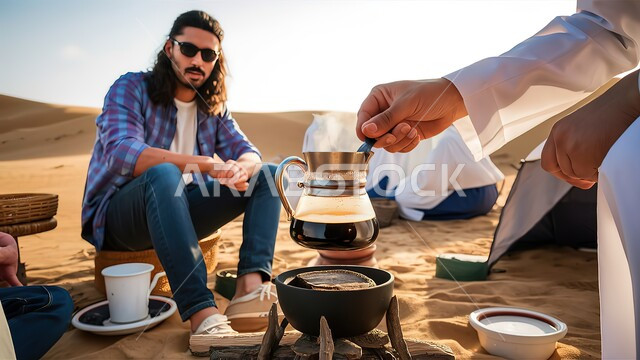 صورة آسرة لرجل سعودي خليجي عربي يرتدي الزي التقليدي ويحمل بيد إبريق قهوة وموقد خشبي باليد الأخرى، حسن الضيافة والإستقبال، صنع القهوة بدلة من الزجاج ، رجلان عربيان  في رحلة تخييم برية في الصحراء، جلسة بر عربية شعبية، قضاء أوقات ممتعة مع الأصدقاء