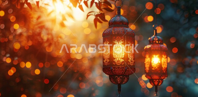 الاستعداد لاستقبال الشهر الفضيل, الأجواء الروحانية في الأيام الفضيلة, زينة و ديكورات و أنوار الاحتفالات بالمناسبات و الأعياد الدينية الإسلامية, الفوانيس المعدنية المزخرفة المضيئة, البهجة بقدوم رمضان المبارك, أضواء و مصابيح عربية تقليدية