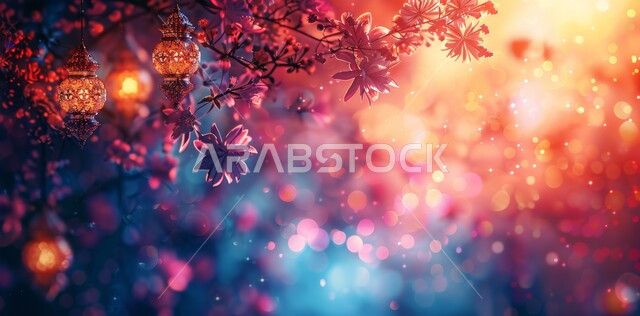 Traditional Arabic lights and lamps, preparing to welcome the holy month, the spiritual atmosphere in the holy days, decorations and lights for celebrations of Islamic religious occasions and holidays, illuminated decorative metal lanterns, the joy of the arrival of the blessed Ramadan