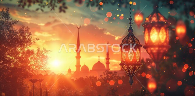 Traditional Arabic lights and lamps, preparing to welcome the holy month, the spiritual atmosphere in the holy days, decorations and lights for celebrations of Islamic religious occasions and holidays, illuminated decorative metal lanterns, the joy of the arrival of the blessed Ramadan
