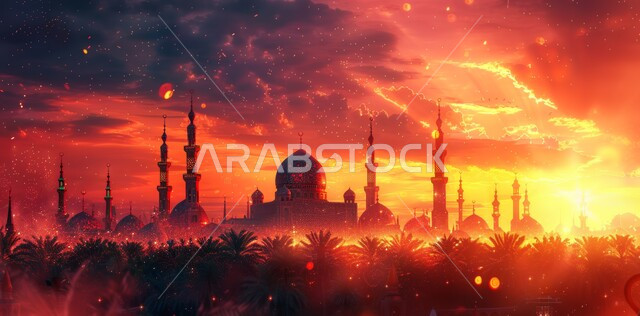 مسجد عربي فاخر، العبادة والتقرب إلى الله، آداء الفرائض والصلوات، الفن الهندسي المعماري على الطراز الحديث للقبب والمآذن المضيئة ليلا في المملكه العربيه السعودية وقت غروب الشمس