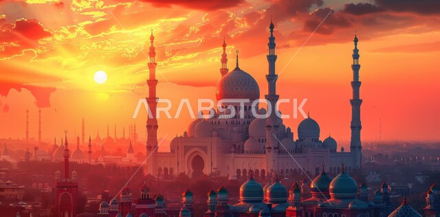 مسجد عربي فاخر، العبادة والتقرب إلى الله، آداء الفرائض والصلوات، الفن الهندسي المعماري على الطراز الحديث للقبب والمآذن المضيئة ليلا في المملكه العربيه السعودية وقت غروب الشمس