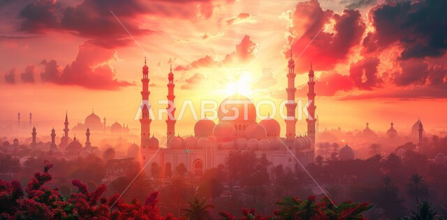 مسجد عربي فاخر، العبادة والتقرب إلى الله، آداء الفرائض والصلوات، الفن الهندسي المعماري على الطراز الحديث للقبب والمآذن المضيئة ليلا في المملكه العربيه السعودية وقت غروب الشمس