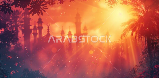 مسجد عربي فاخر، العبادة والتقرب إلى الله، آداء الفرائض والصلوات، الفن الهندسي المعماري على الطراز الحديث للقبب والمآذن المضيئة ليلا في المملكه العربيه السعودية وقت غروب الشمس