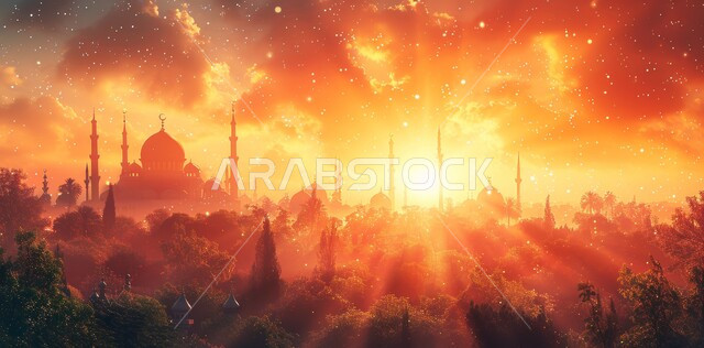 الفن الهندسي المعماري على الطراز الحديث للقبب والمآذن المضيئة ليلا في المملكه العربيه السعودية وقت غروب الشمس، مسجد عربي فاخر، العبادة والتقرب إلى الله، آداء الفرائض والصلوات