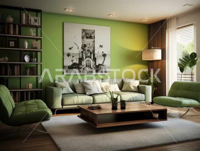 Modern accessories and antiques, interior designs for living rooms in a modern style, a living room with luxury home furniture in green, high-end interior decorations for villas and residential apartments in the Kingdom of Saudi Arabia, attention to green ornamental plants