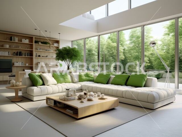 اكسسوارات وتحف عصرية ، التصاميم الداخلية لغرف الجلوس على الطراز الحديث ، غرفة معيشة مع أثاث منزلي فاخر باللون الاخضر ، الديكورات الداخلية الراقية للفلل والشقق السكنية في المملكة العربية السعودية ، الاهتمام بنباتات الزينة الخضراء