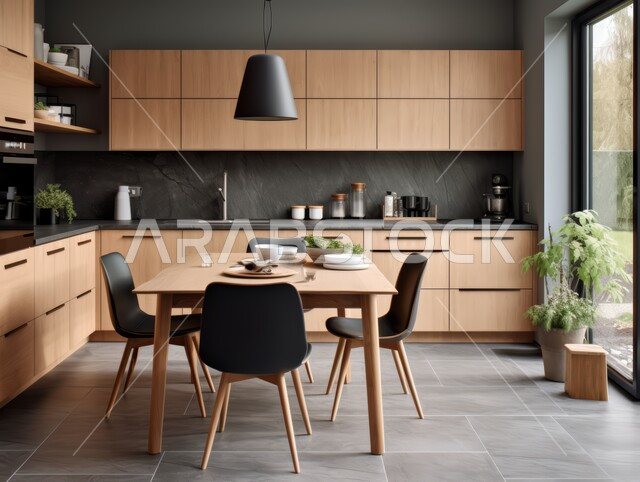 Kitchen interior designs in modern style, luxury home furniture in beige with the addition of black, high-end interior decorations for villas and residential apartments in the Kingdom of Saudi Arabia, modern accessories and antiques, interest in green ornamental plants