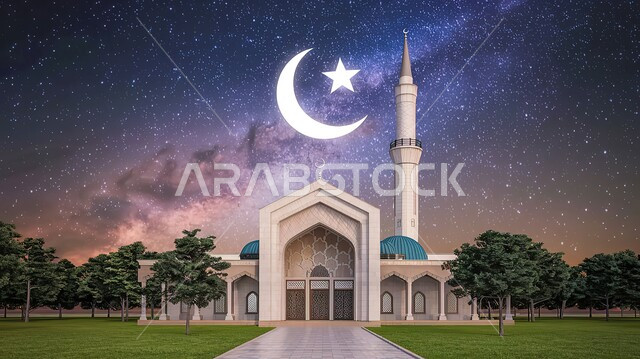 منظر الهلال في السماء ، الفن الهندسي المعماري للمساجد، ديكورات وتصاميم متميزة على الطراز الاسلامي للقبب والمآذن المضيئة ليلا، مسجد عربي فاخر، العبادة والتقرب إلى الله، آداء الفرائض والصلوات ،