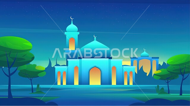 الفن الهندسي المعماري للمساجد ، ديكورات وتصاميم متميزة على الطراز الاسلامي للقبب والمآذن المضيئة ليلا ، مسجد عربي فاخر ، العبادة والتقرب إلى الله ، آداء الفرائض والصلوات