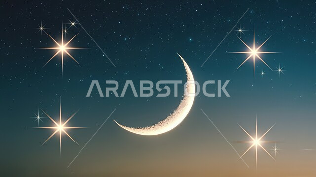 خلفية رمضان مع مصابيح ، منظر الهلال في السماء فوق المدينة ، النجوم المتفرقة في الليل ، دخول شهر هجري جديد ، هلال شهر رمضان المبارك