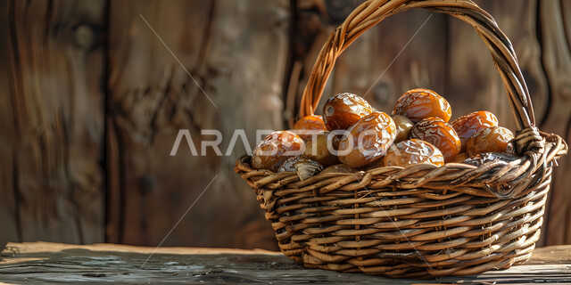 تمر سكري صحي طازج، وجبة ذات قيمة غذائية عالية، صورة بانورامية لسلة مصنوعة من القش مليئة بحبات الرطب من نخيل المملكة العربية السعودية، محاصيل ومنتجات زراعية محلية وطنية، ضيافة رمضانية لذيذة