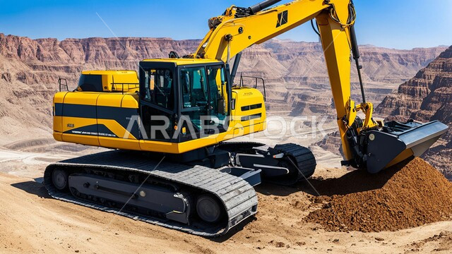 A hydraulic bulldozer carrying out mining work to transport and unload dirt in mountainous areas in the Kingdom of Saudi Arabia, the concept of large building and construction projects, industrial engineering professions and jobs, the use of heavy machinery and equipment in rugged areas during the day.