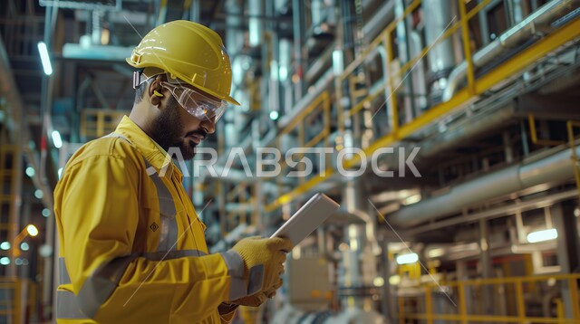 استخدام التقنيات والتكنولوجيا الحديثة في إنتاجية النفط والغاز في المملكة العربية السعودية, جودة معامل ومعدات إنتاج النفط, صورة من الجانب لرجل عربي سعودي خليجي يرتدي الخوذة و سترة الحماية يحمل بيده الجهاز اللوحي ويتابع سير أعمال المصنع، خلفية مصفاة البترول
